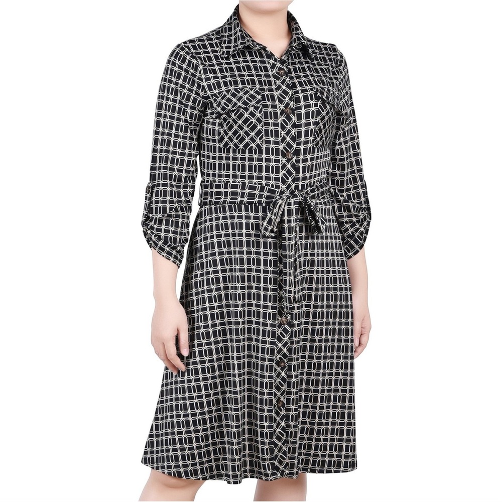 NY Collection 3/4 Sleeve Roll Tab Belt Tie Button Front Collared Dress Womens PM